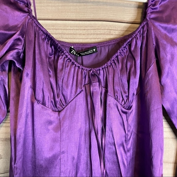 Zara Gathered Satin Mini Long Sleeve Mini Dress in Purple - Picture 4 of 14